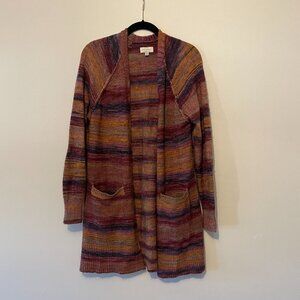 Lucky Brand Casual Sweater Cardigan - open front pockets purple tan stripes MED